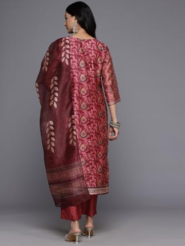 Image of Varanga Women Floral Printed Kurta Pant Set with Dupatta | Silk Blend Fabric | Summer Wear | 3 /4 Sleeve Round Neck | Lightweight & Comfortable Daily Wear