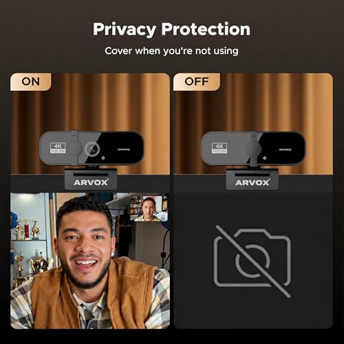 Image of ARVOX 2026 4K Webcam for PC & Laptop, Sony-Sensor, Privacy Shutter, 4K@30FPS & 1080P@60FPS, 360 Rotation, Autofocus, Built-in Microphone, USB Plug & Play for Video Calls, Streaming & Online Meetings