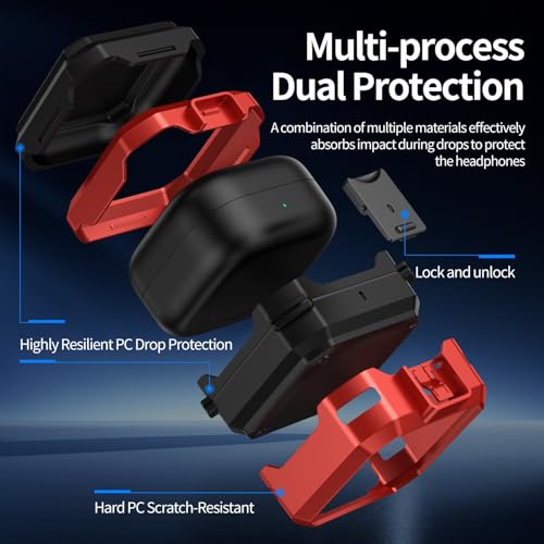 Image of Hybrid Lock Armor Case Cover for Samsung Galaxy Buds 4 and 4 Pro, Rugged, Shockproof with Heavy Duty Carabiner (Red, Armor with Lock)