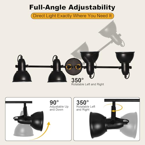 Image of HiBay Track Lighting Fixtures Ceiling Black, Adjustable 4-Light Spotlight | Industrial LED Track Lights for Kitchen, Dining Room, Bedroom, E26 Base (Bulb Not Included)