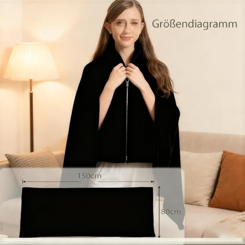 ZCJ Poncho Damen Winter - Dicker Fleece Umhang mit Reißverschluss als kuschelige Decke & warme Bettjacke für Büro, Reise, Couch, Schwarz 150X80CM