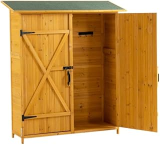 Outdoor Storage Cabinet- Garden Storage Shed- Lockable Wooden Storage Sheds Organizer for Home, Yard, Outdoor 56”L x 19.5”W x 64”H (Natural + Solid Wood)