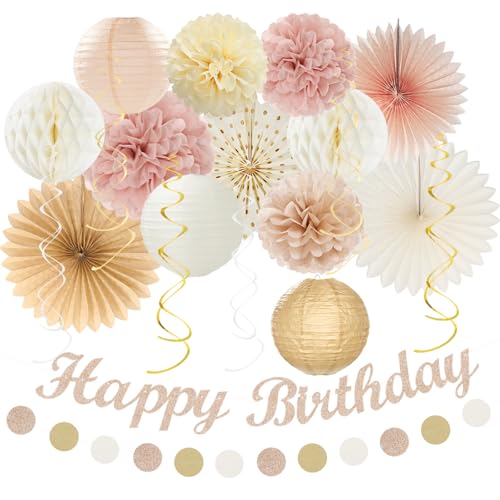 Image of Beige Champagne Rose Gold Women-Girls Birthday Decorations - 21pcs Fall Boho Party Happy Banner, Peach Streamers,Paper Lanterns,Pom Poms Fans 16th 18th 20th 21st 30th Birthday Rustic Backdrop Huglony
