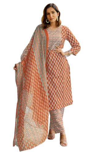 Image of MIRCHI FASHION Women's Straight Fit Pure Cotton Embellished Floral Printed Kurta Set with Dupatta and Trouser