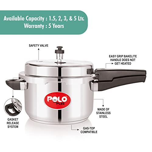 Image of Polo Plus Vintage Elite Stainless Steel Tri-Ply bottom Induction Friendly Pressure Cooker 5 Litres, Silver