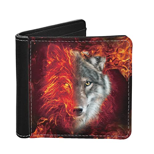 LedBack Carteira masculina de couro PU com duas dobras e porta-cartão de crédito, Lobo de fogo legal, Moderno