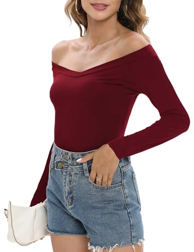 Image of Sarin Mathews Womens Shirts Off The Shoulder Tops Sexy V Neck Slim Fit Shirts Tops Blouses