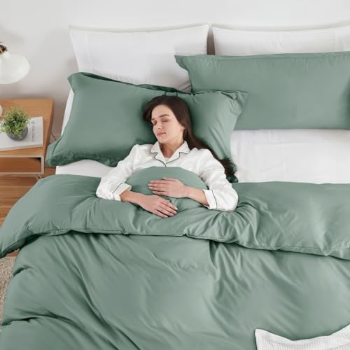 Image of Hearth & Harbor Sage Green Duvet Cover Queen Size, 3 Piece Bedding Set | Soft Double Brushed Bedding Set, Button Closure, 1 Duvet Cover 90x90 Inches, 2 Pillow Shams
