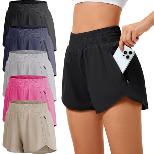 miijoory 5 Pack Womens Running Shorts with Zipper Pockets Ladies High Waisted Sports Short for Gym Yoga Workout (M Black Navy Hot Pink Khaki Light Grey)