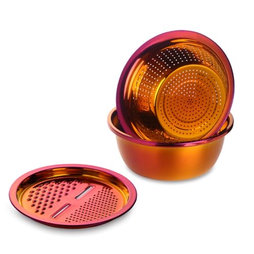 Youlines スライサー・水切り3点セット 3-in-1キッチンツール、野菜水切りトレイ、野菜カッター、多機能スライサー (幻紅,三件セット)