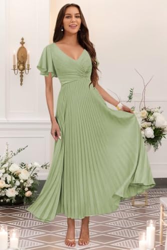 Women's V Neck Pleated Satin Bridesmaid Dresses with Sleeves Long Maxi Formal Evening Dress VS2593