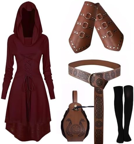 CNVAUIE Mittelalter Kleidung Kostüm Damen Set Mittelalterliches Kapuzenkleid Set Renaissance Kostüm Set mit Armschützern Gürtel Gürteltasche Strümpfe Zubehör