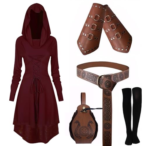 CNVAUIE Robe médiévale à capuche pour femme - Costume de Renaissance avec protège-bras, ceinture, sac ceinture, bas et accessoires (Bordeaux, S)