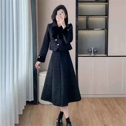 Women's Tweed Wool Winter Thickened Warm Bow-Knot Jacket And Party Maxi Skirt Set3