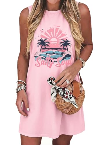 Image of Sun Salt Sand Coconut Tree Sleeveless Mini Dress Women Casual Summer Beach Vacation Dress Workout Tank Dress