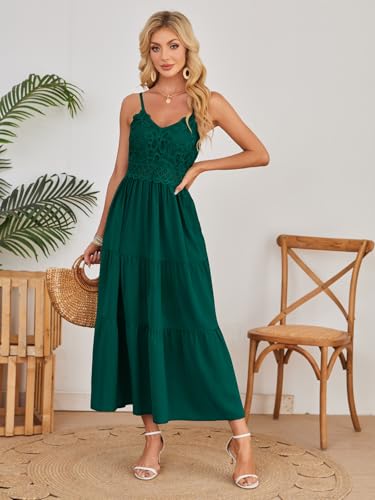 Image of Dokuritu Women's Beach Crochet Lace Maxi Dress Solid Color Summer Vacation Wedding Guest Spaghetti Strap Long Dress
