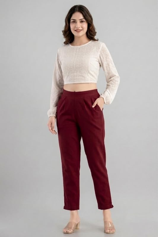 Image of Solid Cotton Woman Trousers Pants Regular Fit Kurti Pant with Drawstring Daily Office Formal Casual Use