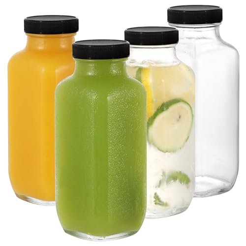 LIMILI Glass Bottles with Lids 4pcs 500ml Reusable Wide Mouth Clear Glass Juice Bottles for Milk Hot Cold Drinks Homemade Beverages