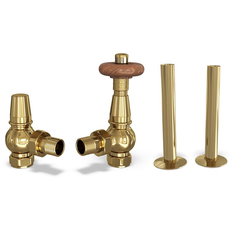 UK Radiators Polished Brass Thermostatic Radiator Valves and Angled Lockshield Valve - Polished Brass Finish - Traditional Design 1/2" x 15mm Angled Radiator Valves with 130mm Pipe Sleeves