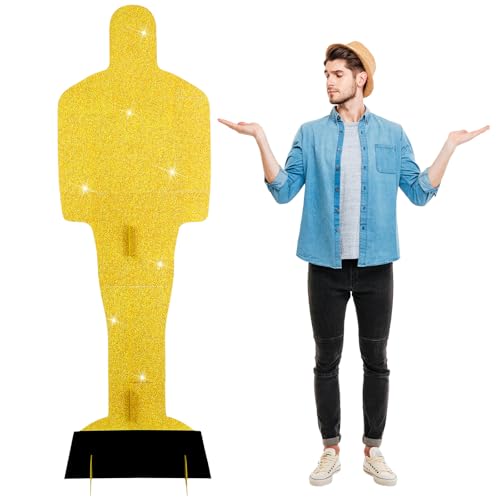 Cinnvoice 2 Pcs 6.56ft Large Gold Movie Statue Cardboard Golden Award Statue Plastic Cardboard Cutouts Standup Movie Props Waterproof PVC Standup Cutouts for Red Carpet Party Outdoor Indoor Home Decor