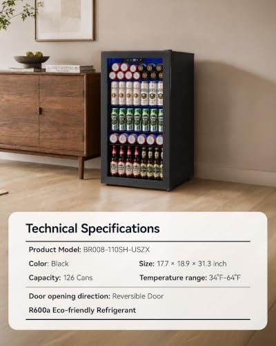 Image of Feelfunn 3.2 Cu. Ft. Beverage Refrigerator, 126-Can Mini Fridge, 34-64F