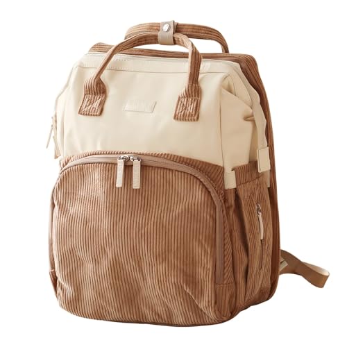 LIINI Sac à dos à langer en velours côtelé marron - 29 l - Avec matelas à langer, supports de poussette, compartiments pour bouteilles isolés, compartiment humide et compartiment pour ordinateur