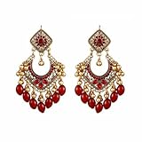 Bollywood Jhumka Earrings for Women Vintage Gold-Tone Plated Chandelier Drop Earring Hook Cubic Zirconia Beaded Design Dangle Tassel Statement Boho Indian Jewelry for Festival Wedding Holiday (Red)