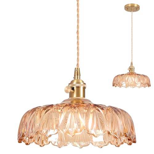 Vloitgol Rétro Lustre Suspension Intérieur en Verre 25cm E27 Vintage Suspension Luminaire avec Abat-jour en Verre Ambre Lustre de plafond pour Salon Chambre Cuisine Bar Couloir Salle Chevet