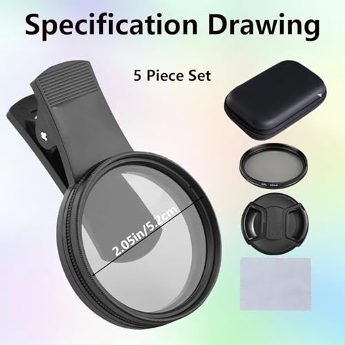 Image of 5 Pack Mobile Phone Filter Kit, Polarizing Camera Lens Filter with Clip, Carry Pouch, Lens Cap and Cleaning Cloth, Universal Phone Filter for Photography Enthusiasts