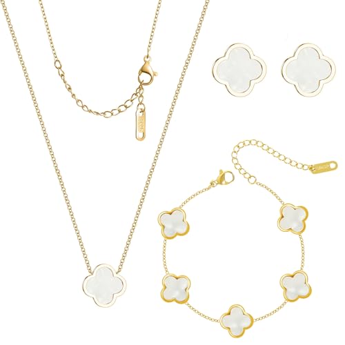 3 PC Set18K Gold Plated Clover Necklace Bracelets Earrings Dainty Four Leaf Clover Bracelets For Women Clover Earrings Birthday Christmas Day Gift (Gold White)