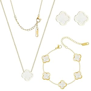 3 PC Set 18K Gold Plated Clover Necklace Bracelets Earrings Dainty Four Leaf Clover Bracelets For Women Clover Earrings Birthday Christmas Day Gift