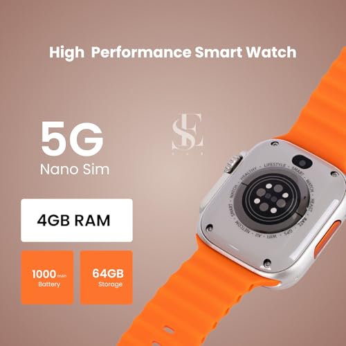 Image of SE HUB Premium SIM Enabled Smartwatch | AMOLED Touch Screen Video Call Capability Health Sensors SpO2 Heart Rate Large Memory Long Lasting Battery 49 mm Smart Wearable for Men Women Black Orange Strap