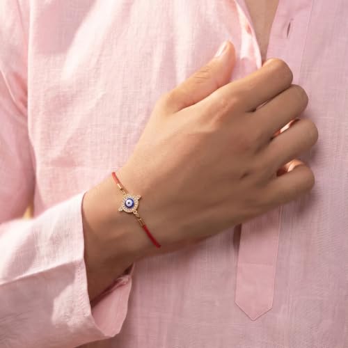 Image of PALMONAS Demifine 18K Gold Plated Evil Eye Rakhi for Brother - Waterproof & Anti-Tarnish Designer Rakhi for Men | Premium Raksha Bandhan Rakhee with Roli Chawal