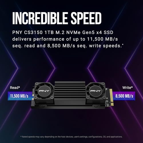 Image of PNY CS3150 1TB PCIe Gen5 x4 NVMe M.2 SSD with Dual Fan Black Heatsink - Microsoft DirectStorage Compatible - up to 11500 MB /s Read - M280CS3150HS-1TB-RB