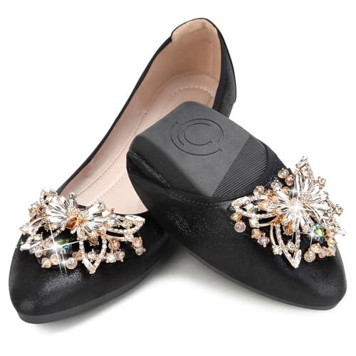 Image of KUNWFNIX Women Ballet Flats Rhinestone Wedding Ballerina Shoes Foldable Sparkly Comfort Slip on Flat Shoes