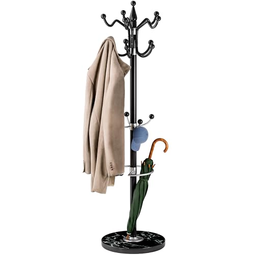 CASARIA® Perchero de Pie Base Mármol 14 Ganchos Giratorio 360° Colgador Ropa Sombrero Abrigos Metal 175x37cm Negro
