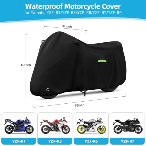 Image of Motorcycle Cover Waterproof for Yamaha R1 R3 R6 R7 R9, Heavy Duty Outdoor Sun Rain Snow UV Dust All Weather Protection Motorbike Cover with Soft Cotton Lining & Lock Hole