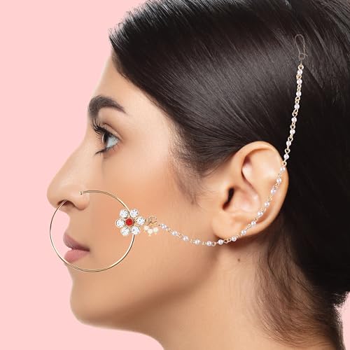 Image of Suhana Gold Plated Traditional Ethnic Bridal Nose Ring /Nath without piercing with Pearl Chain Encased with Stone for Women /Girls (Nose Ring Diameter - 5) (Red)