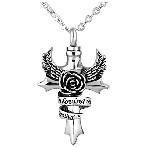 LuxglitterLin in Loving Memory Brother Cross Urn Necklace for Ashes Angel Wings Memorial Keepsake Cremation Pendant Cover