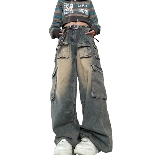 Multi Pocket Retro Work Jeans Women's High Waist Loose Y2K Casual Jeans Gothic Wide Leg Pants