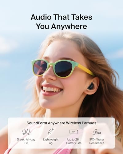 Image of Belkin SoundForm Anywhere Wireless EarBuds, IPX4 Waterproof Bluetooth Earphones, Long-Lasting Comfort, Compact Case with Keyring for iPhone, iPad, Tablet, Laptop, Hiking, Running, Travel, etc. - Black