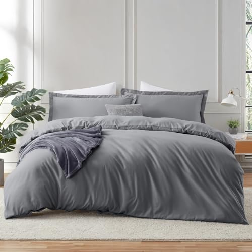 Image of Hearth & Harbor Grey Duvet Cover with Fitted Sheet Full Size | 4 Piece Soft Double Brushed Bedding Set, Button Closure, 1 Duvet Cover 80x90 Inches, 1 Fitted Sheet, 2 Pillow Shams