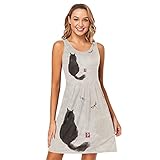 Vintage Fluffy Cat and Dragonfly Traditional Japanese Ink Women's Summer Sleeveless Casual Dress, Swing Cover Up Sundress, T-Shirt Tank Dresses with Pockets(M)