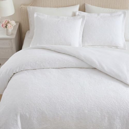 Image of Martha Stewart - Twin Comforter Set, Naturally Soft Cotton-Rich Jacquard Bedding w /Matching Pillowcase, Textured 2 Piece Bed Set (Garden Trellis White)