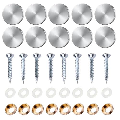 10 juegos de tornillos de espejo, tornillos de espejo de acero inoxidable de 16 mm con arandelas de cobre, acabado pulido, cubiertas decorativas para espejos, vidrio y accesorios de muebles, acabado