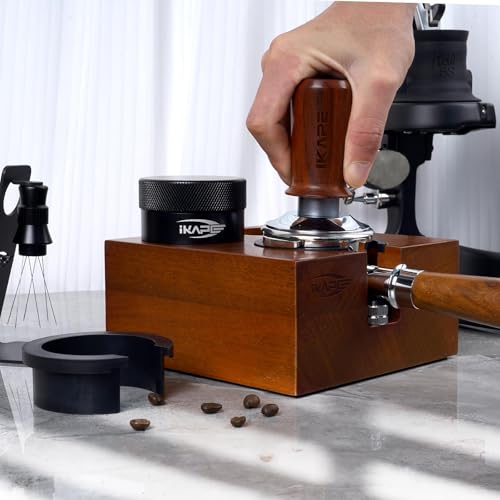 IKAPE Espresso Tamper Station, 51MM, 54MM Wooden Coffee Tamper Holder Base, Espresso Tamp Mat Stand Fit for 51 to 54MM Espresso Accessories - Can be Adjustable Portafilters Stand Height