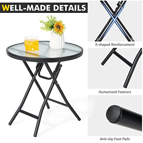 image for Giantex Folding Side Table, Round Small Patio Table, Tempered Glass Ta