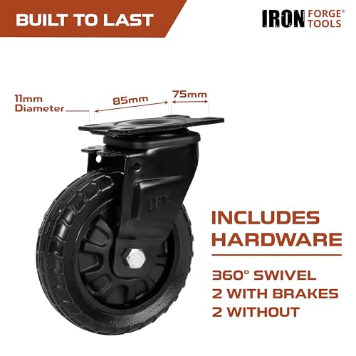 Image of Iron Forge Tools Heavy Duty Swivel Knobby Casters Set of 4, 6 inch Height, 5 inch Diameter, Solid PU Knobby Tread Heavy Duty Wheels, Swiveling Bases, Two Casters with Brakes, Two Without, Black & Black