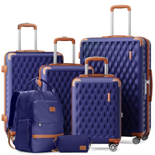 Image of Melalenia Suitcase Sets 6 Piece Hard Shell Carry on Luggage with Spinner Wheels and TSA Lock, Lightweight Travel Backpack for Women, Men, Navy Brown