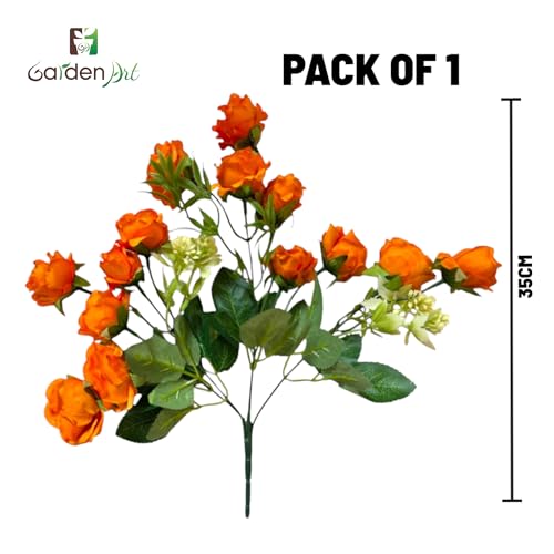 Image of Garden Art Artificial Small Rose Flower Bunch (Pack of 1) | 5 Heads with 15 Flowers & Buds, 35 cm Faux Rose Bouquet for Home Decor, Wedding & Table Decoration (Orange)